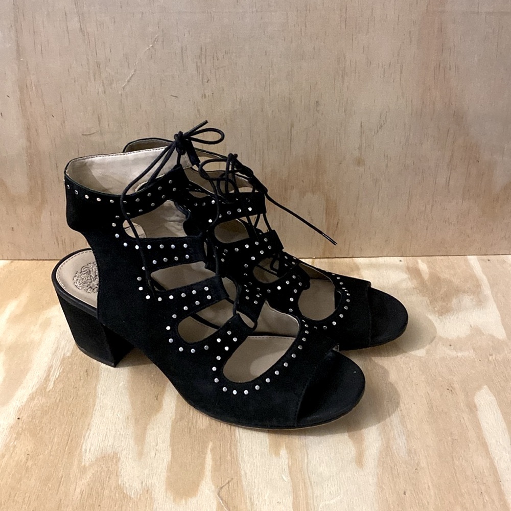 Vince Camuto Black Suede Leather Sandals Lace Up 10.25” Long